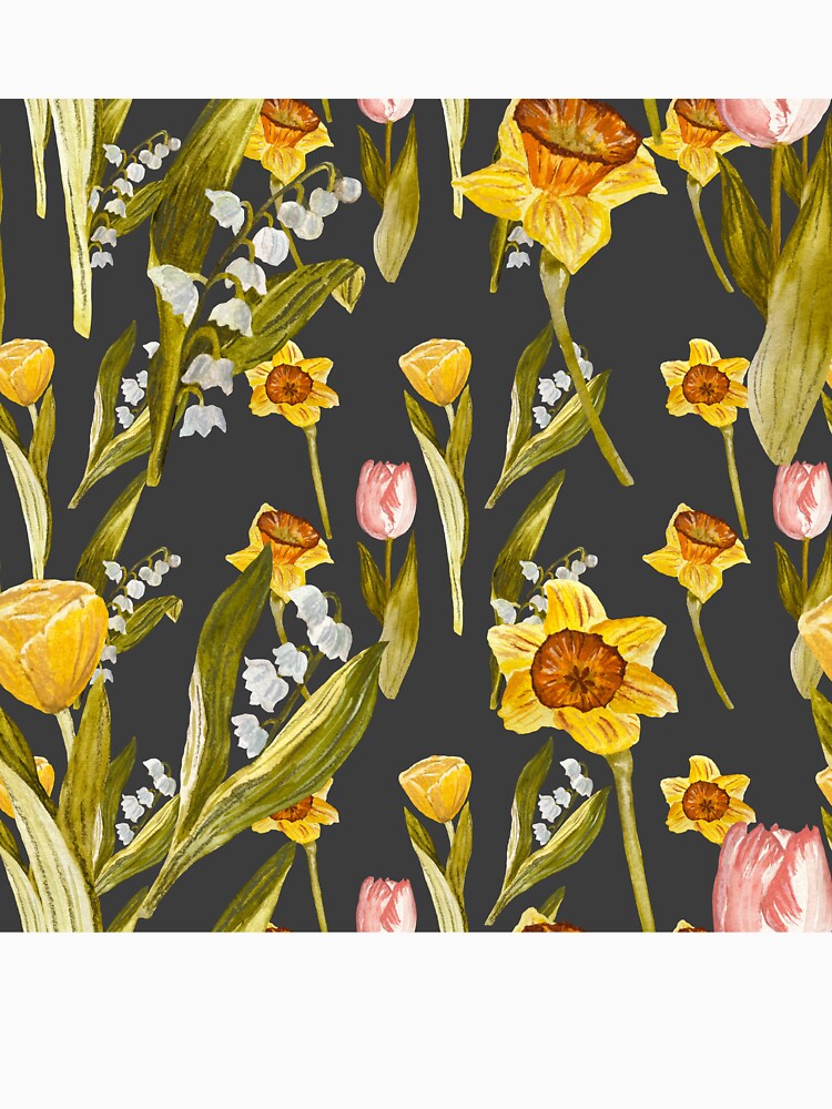 Daffodil tulip snowdrop Easter an ornate pattern grey by Yana Mustafina | Boho Soulful Designs