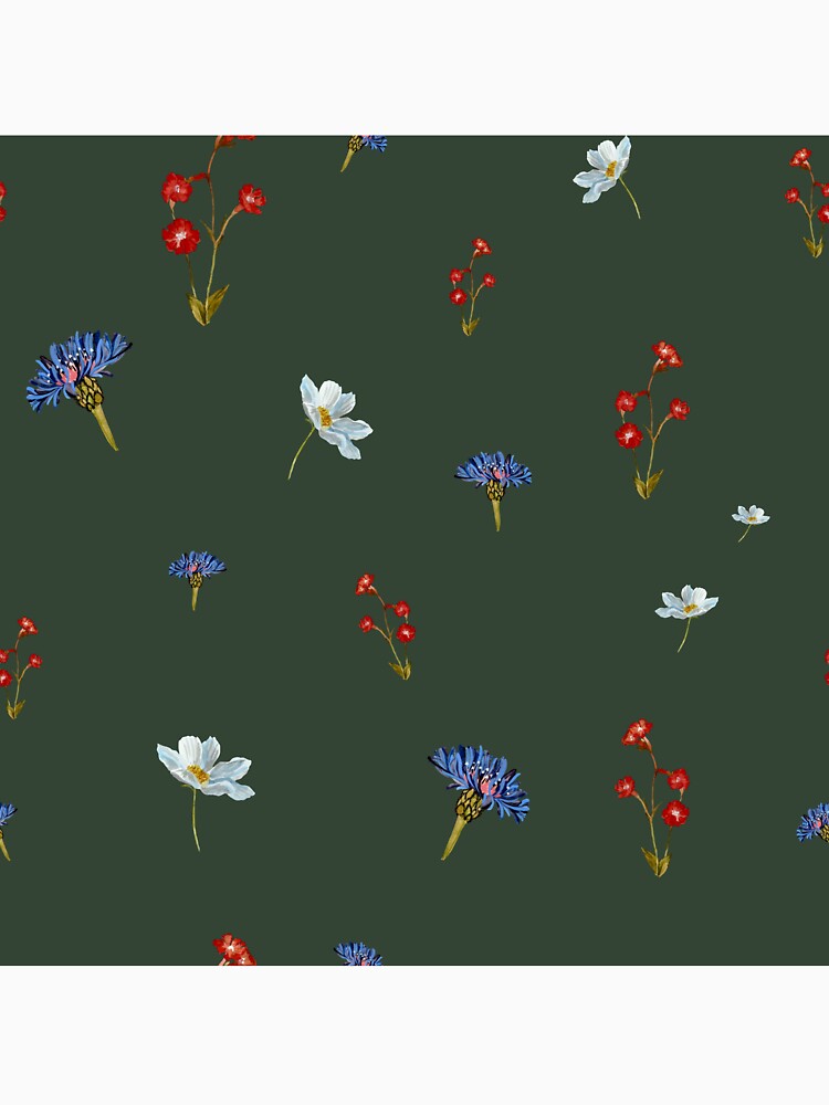 Flower blue red daisy seamless watercolor cold green by Yana Mustafina | Boho Soulful Designs