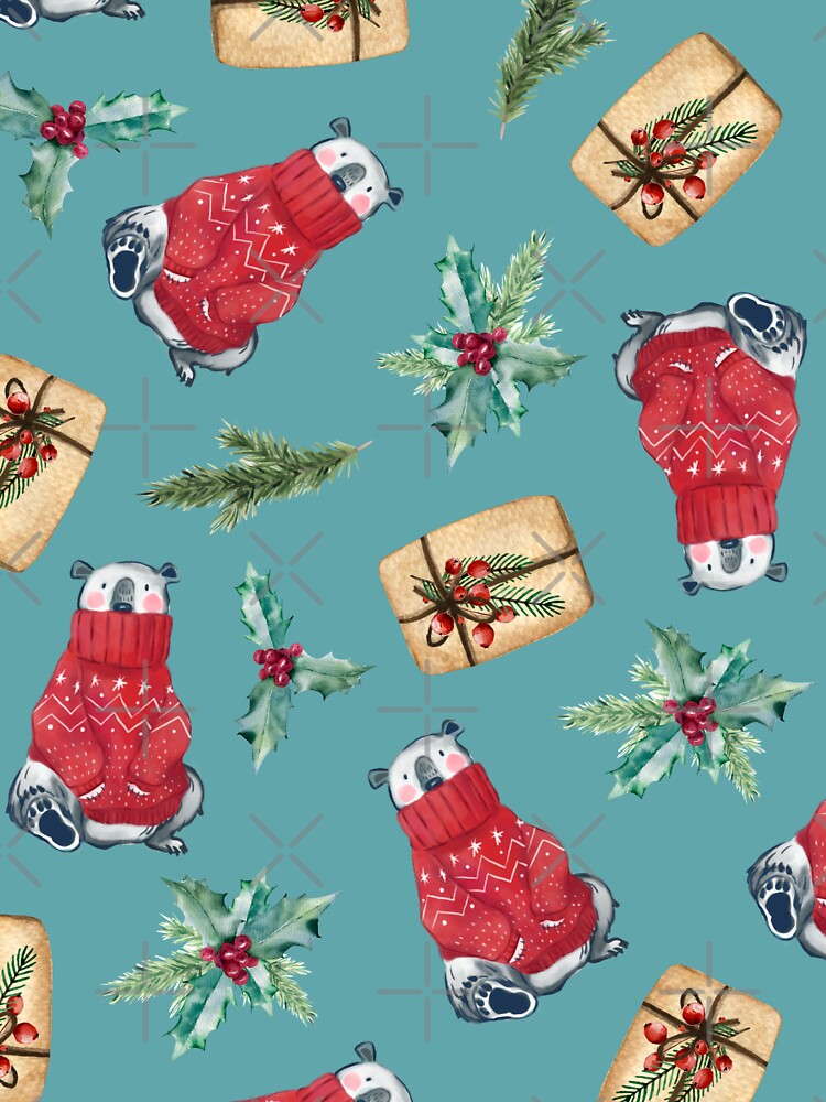 Pastel Blue New Year Pattern with Polar Bear in Sweater, Gift, Holly and Spruce Branch by fowons