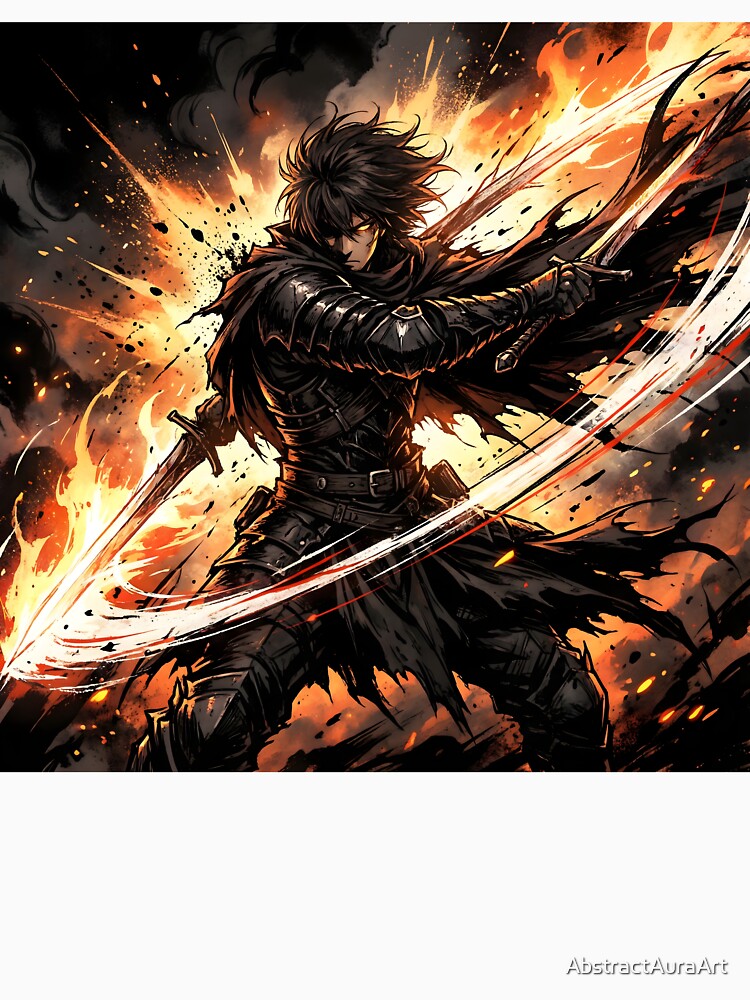 Dark Fantasy Anime Swordsman – Fire Slash Warrior Action Art by AbstractAuraArt Unisex , , , Long Sleeve Tee