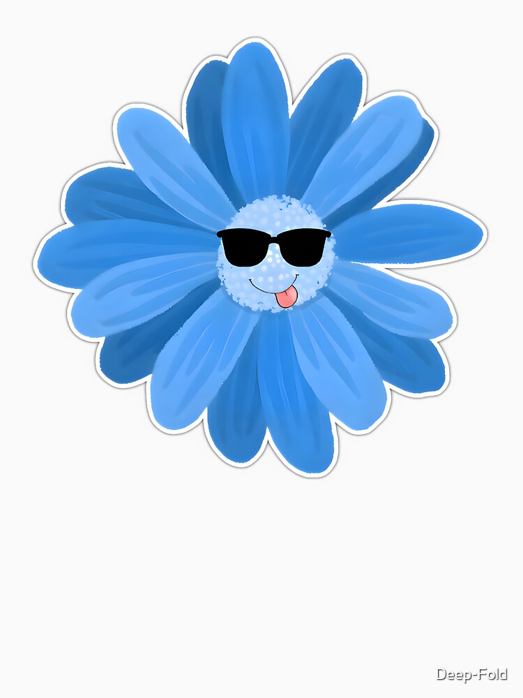 Cute Blue Daisy Cartoon With Sunglasses Sticker by Deep-Fold Unisex , , , Long Sleeve Tee