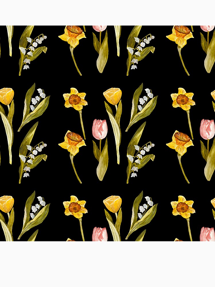 Daffodil tulip snowdrop Easter a seamless pattern black by Yana Mustafina | Boho Soulful Designs