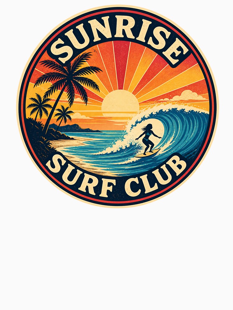 Sunrise Surf Club, Retro Coastal Surf Badge Design by shorethings