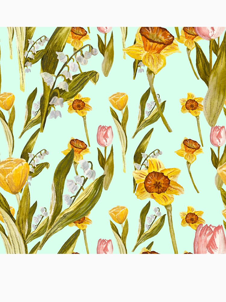 Daffodil tulip snowdrop Easter an ornate pattern mint by Yana Mustafina | Boho Soulful Designs