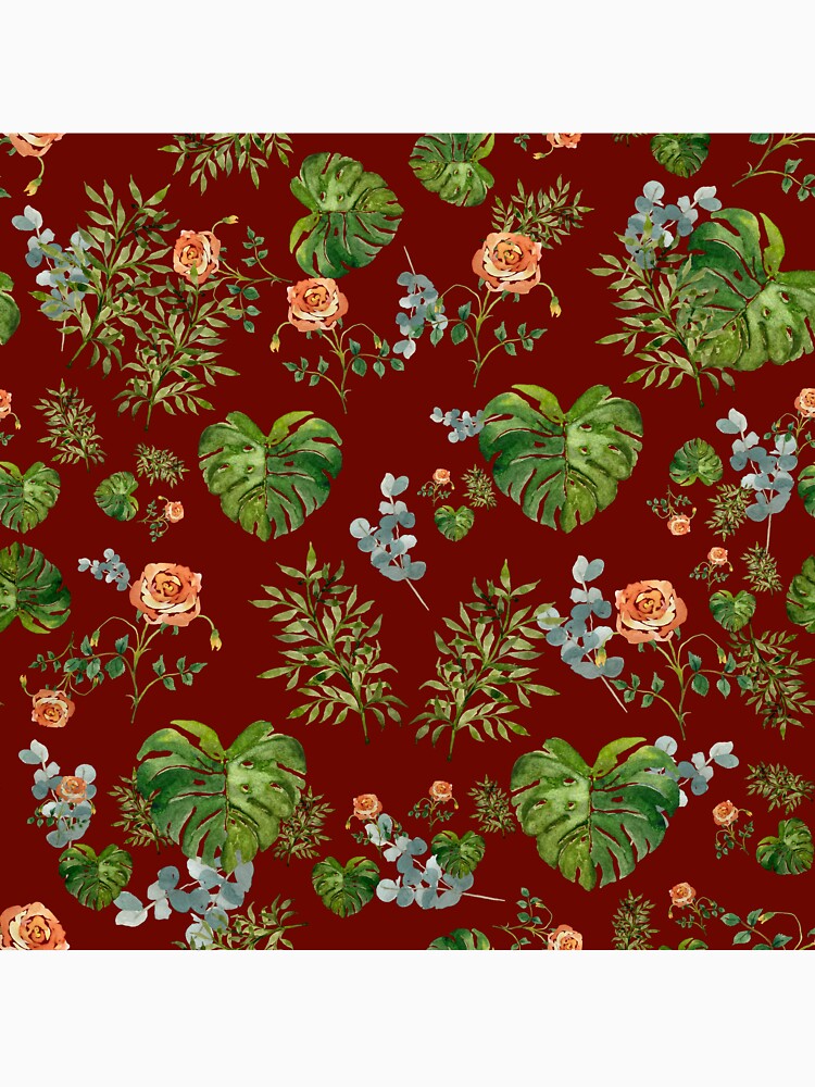 Rose flower palm leaf branch pattern watercolor red by Yana Mustafina | Boho Soulful Designs