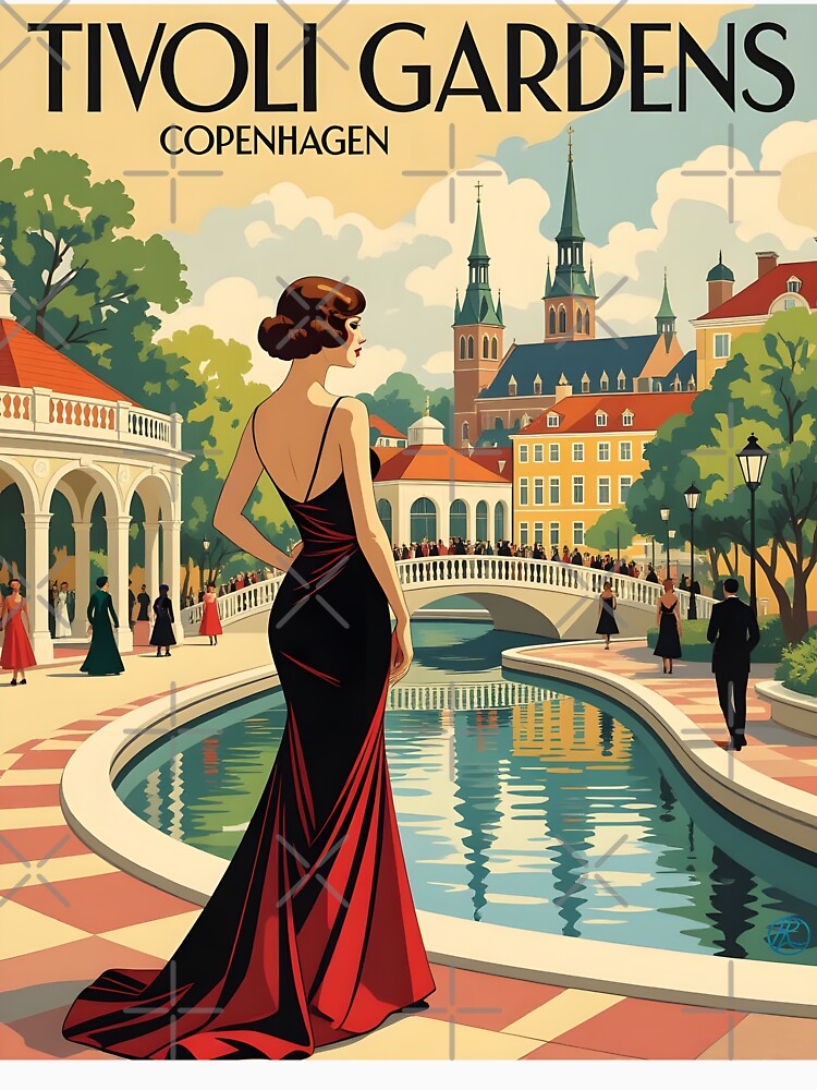 Tivoli Gardens Copenhagen, travel poster by Robert Lacy Unisex , , , Long Sleeve Tee