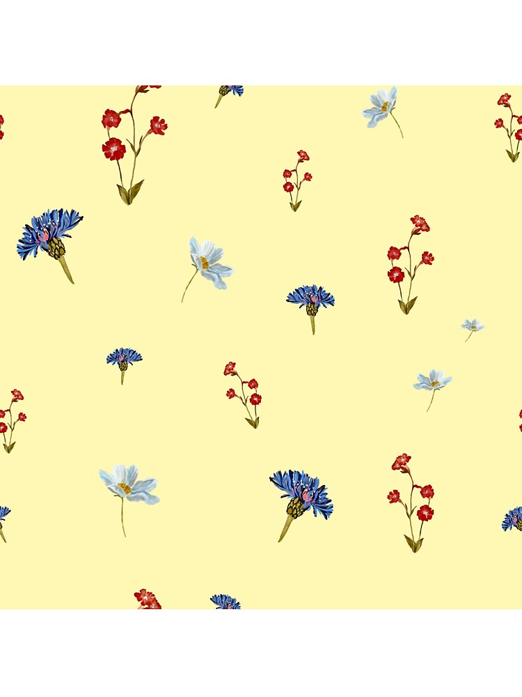 Flower blue red daisy seamless watercolor pattern yellow by Yana Mustafina | Boho Soulful Designs