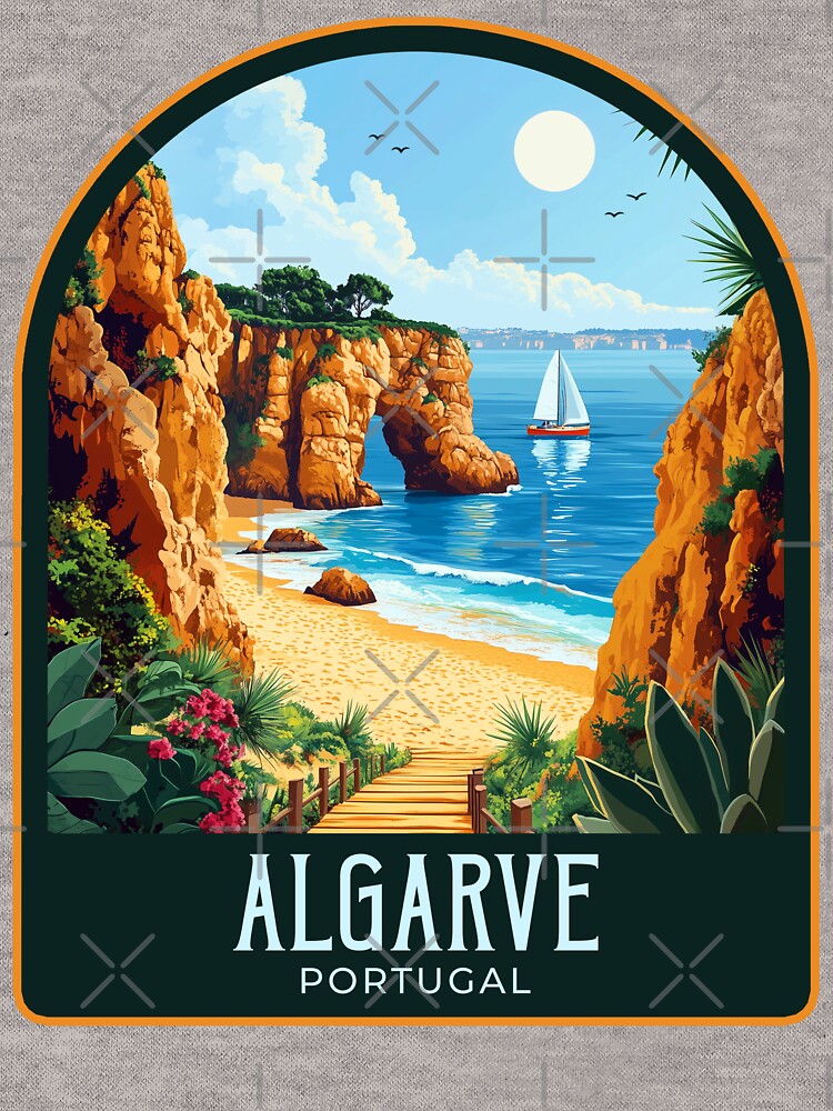 Algarve Portugal Vintage Travel Illustration by HomeLivingCo Unisex , , , Long Sleeve Tee