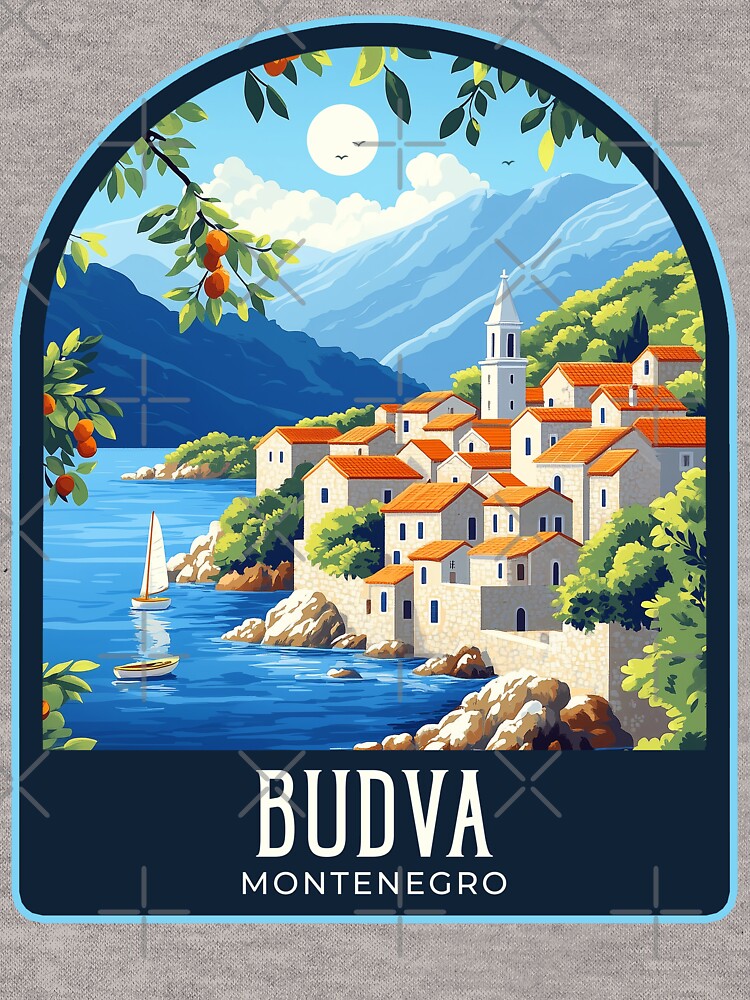 Budva Vintage Travel Illustration by HomeLivingCo Unisex , , , Long Sleeve Tee