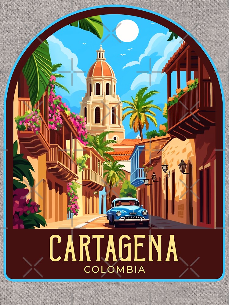 Cartagena Vintage Travel Illustration by HomeLivingCo Unisex , , , Long Sleeve Tee