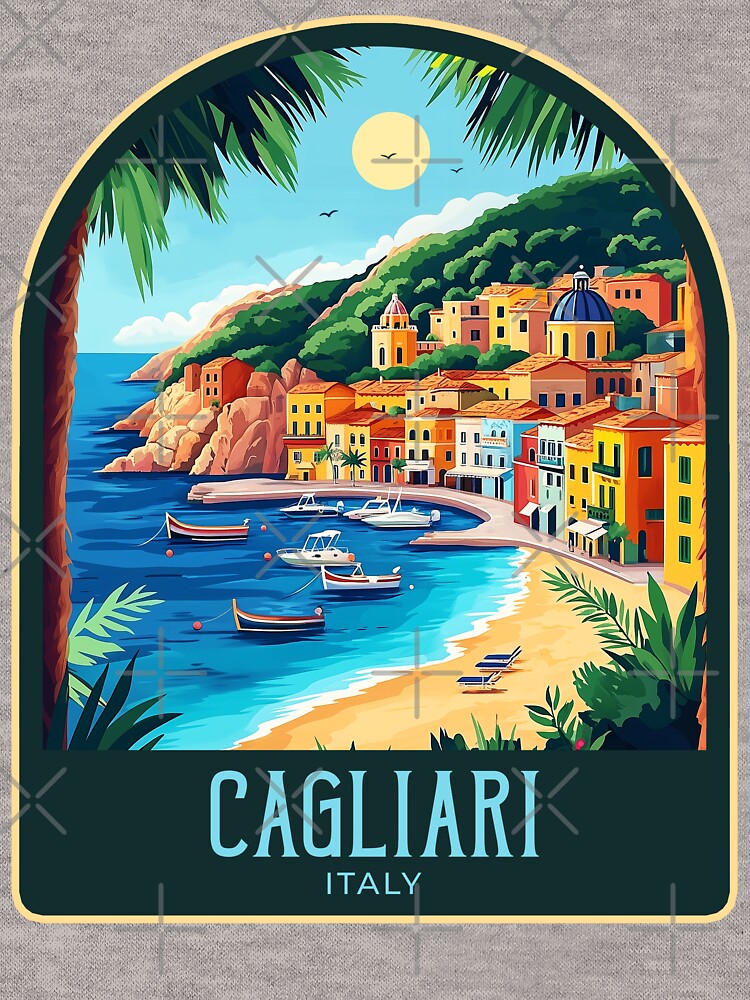 Cagliari Vintage Travel Illustration by HomeLivingCo Unisex , , , Long Sleeve Tee