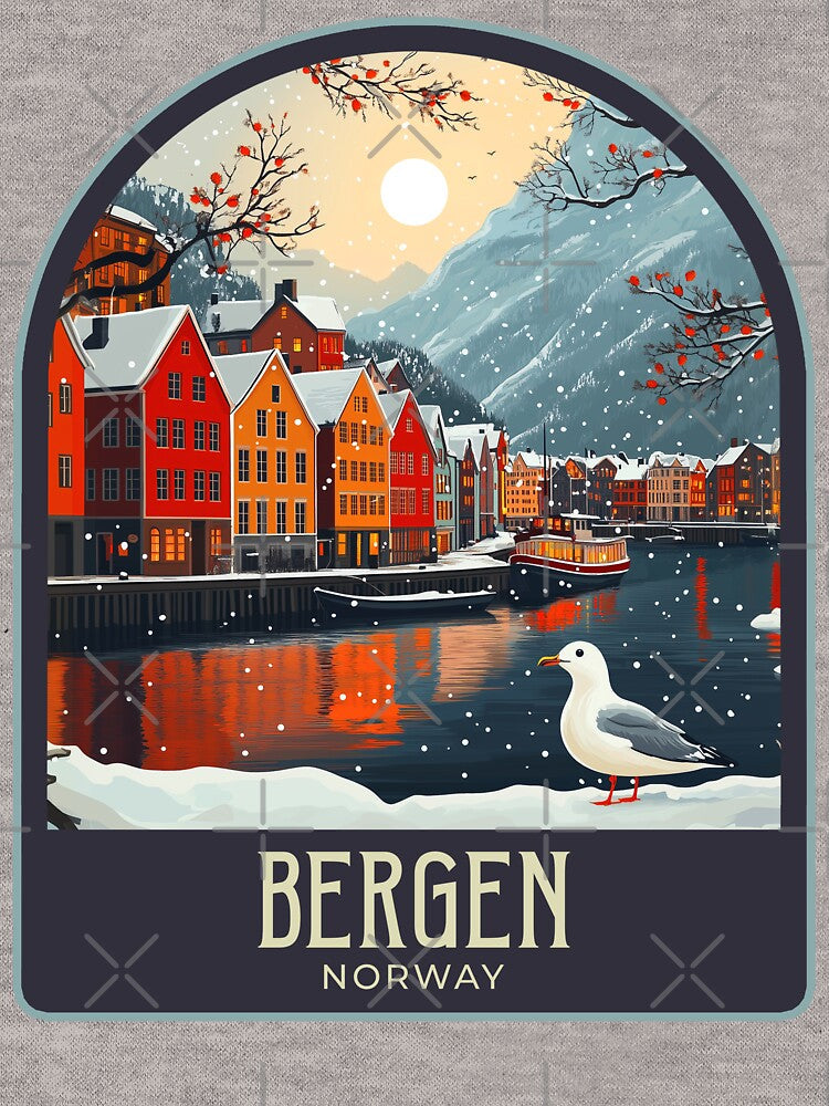 Bergen Vintage Travel Illustration by HomeLivingCo Unisex , , , Long Sleeve Tee