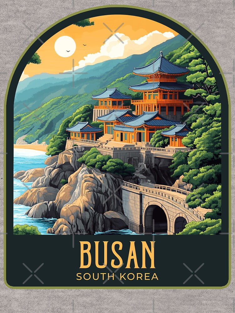 Busan Vintage Travel Illustration by HomeLivingCo Unisex , , , Long Sleeve Tee
