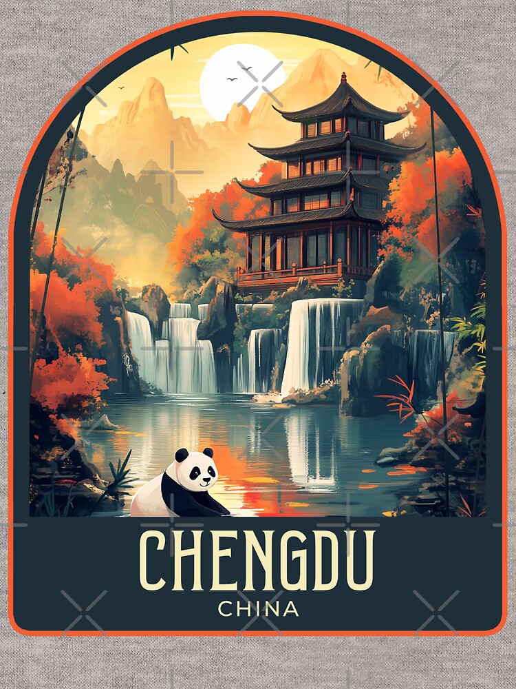Chengdu Vintage Travel Illustration by HomeLivingCo Unisex , , , Long Sleeve Tee