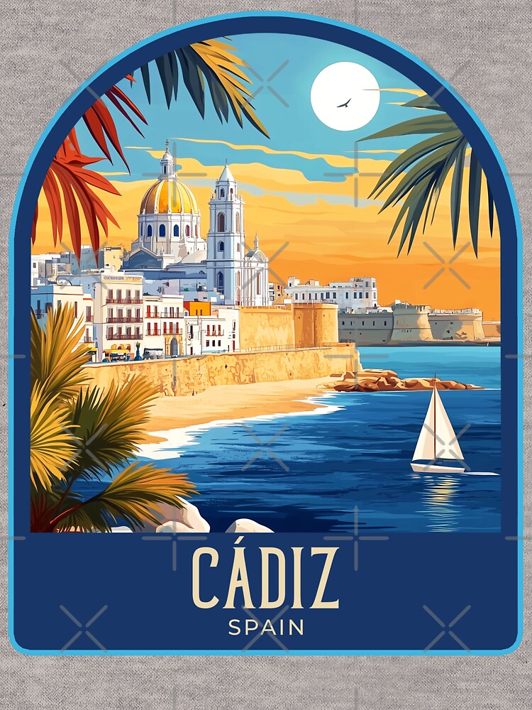 Cádiz Vintage Travel Illustration by HomeLivingCo Unisex , , , Long Sleeve Tee
