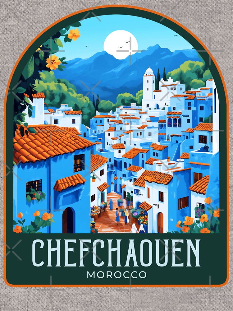 Chefchaouen Vintage Travel Illustration by HomeLivingCo Unisex , , , Long Sleeve Tee