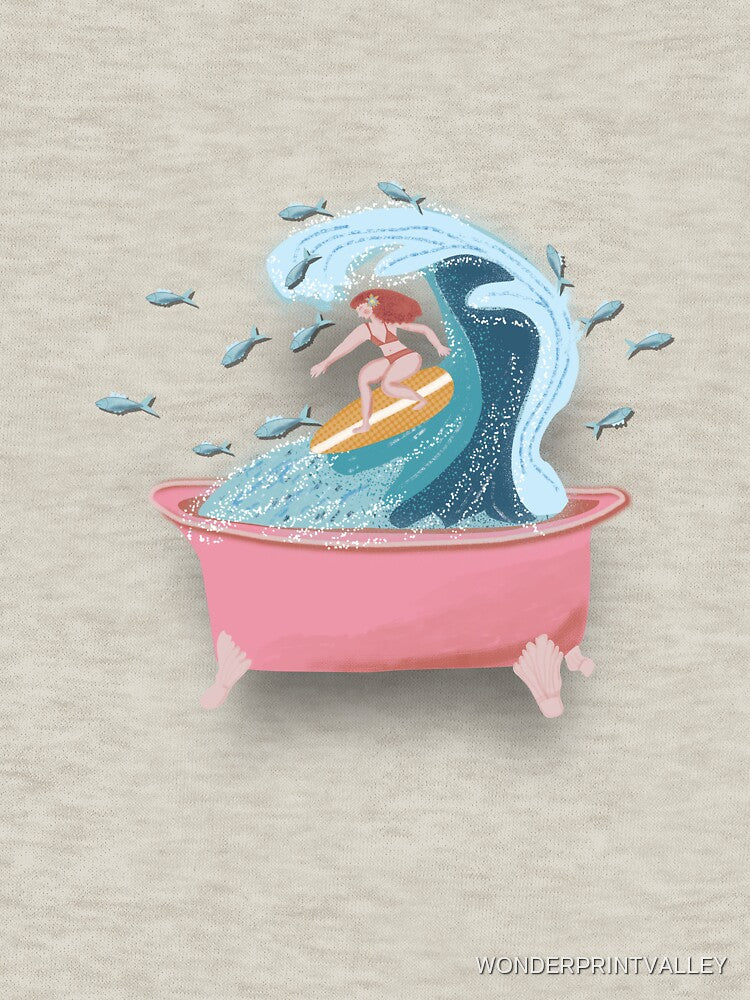 SURFING IN THE BATHTUB, pink background fan by WONDERPRINTVALLEY Unisex , , , Long Sleeve Tee