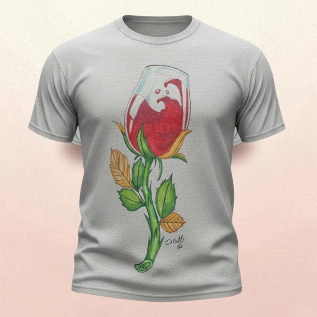Hand Painted Wine Glass Rose T‑Shirt – Men’s Large | Unique Wearable Art Unisex , , , Long Sleeve Tee