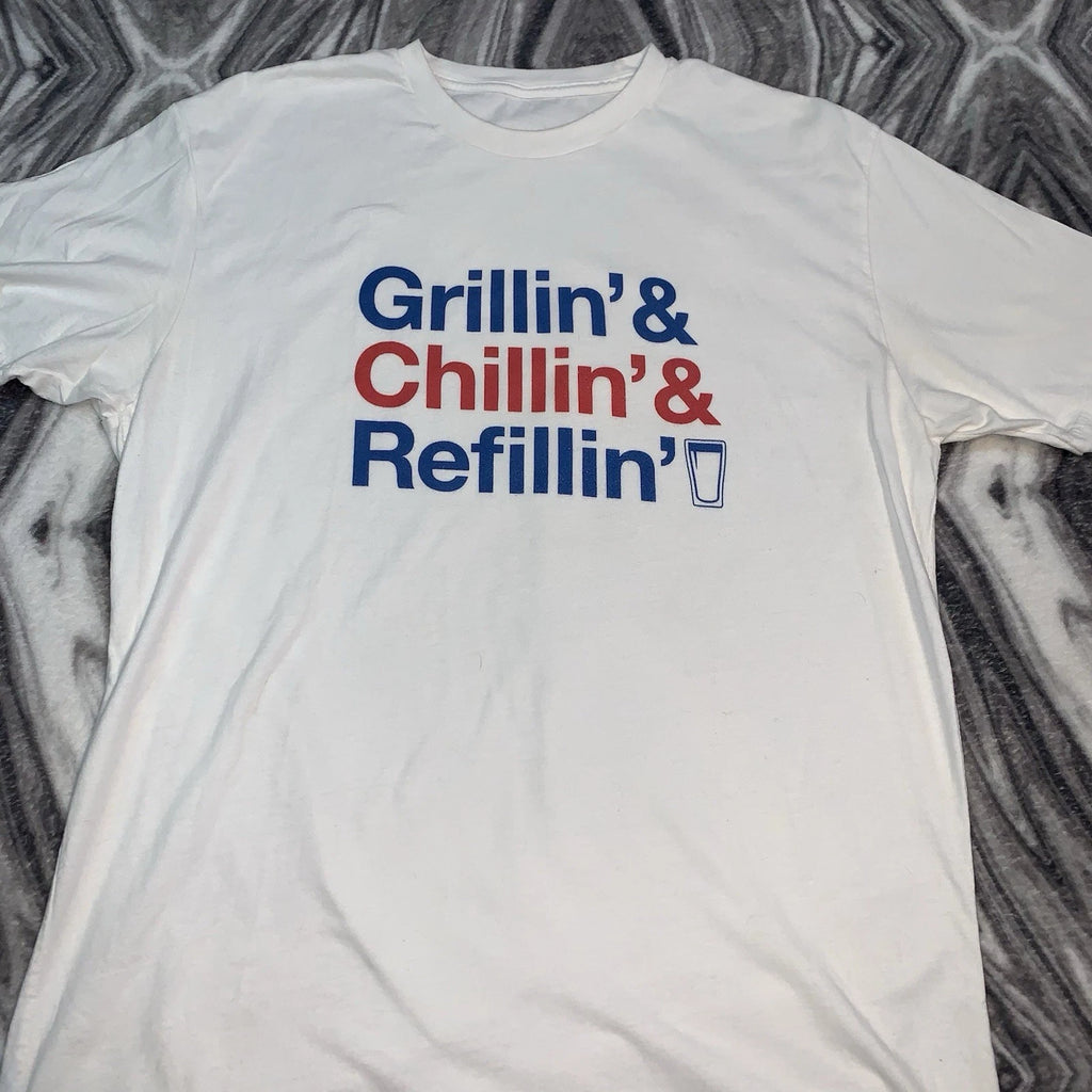 Grillin & Chillin & Refillin Graphic T Shirt Patriotic BBQ Beer Tee White Unisex