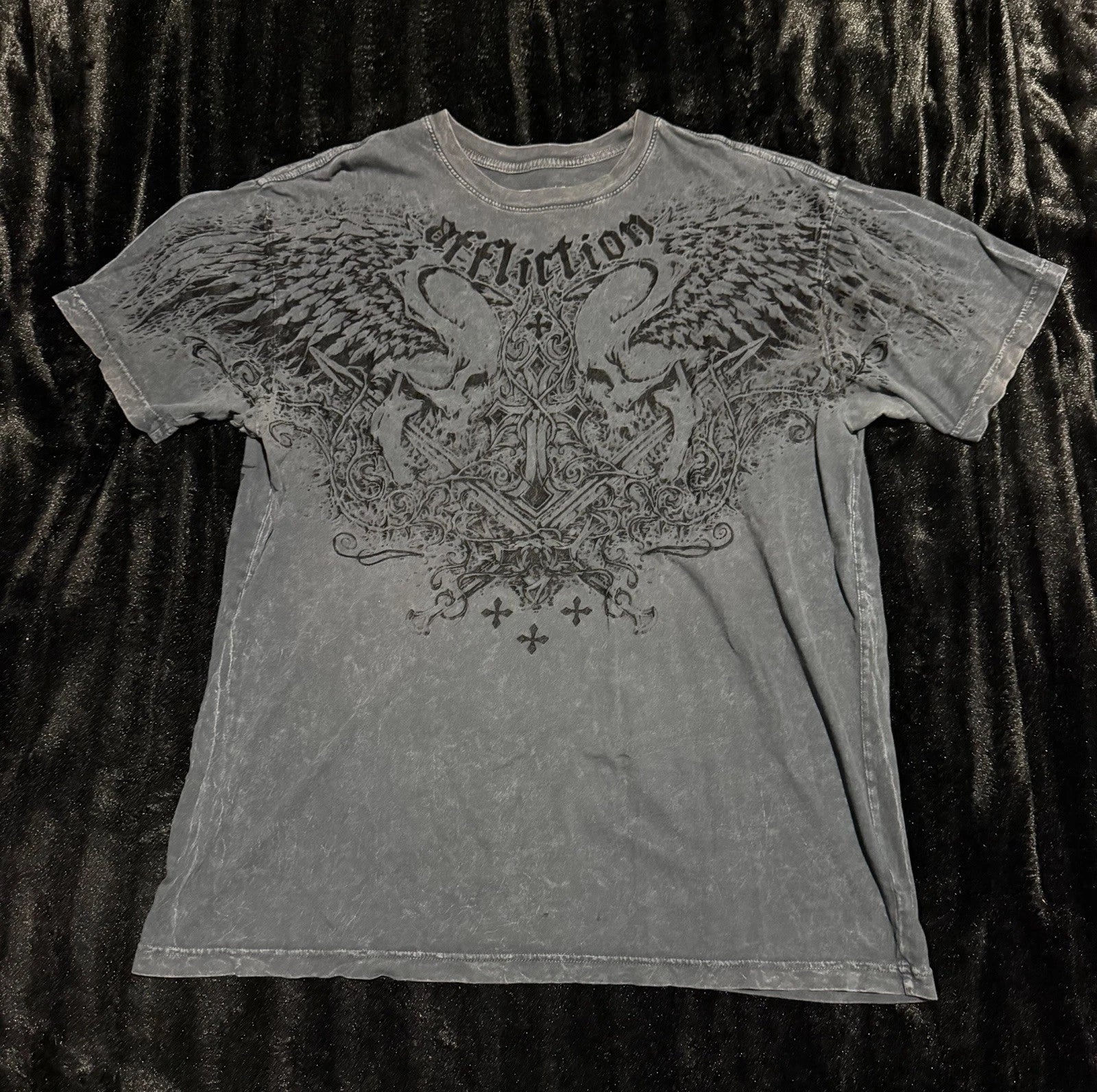 Affliction Y2K Grunge Grey Skull Wings Homage T Shirt Biker Mens Size XL USA Unisex , , , Long Sleeve Tee