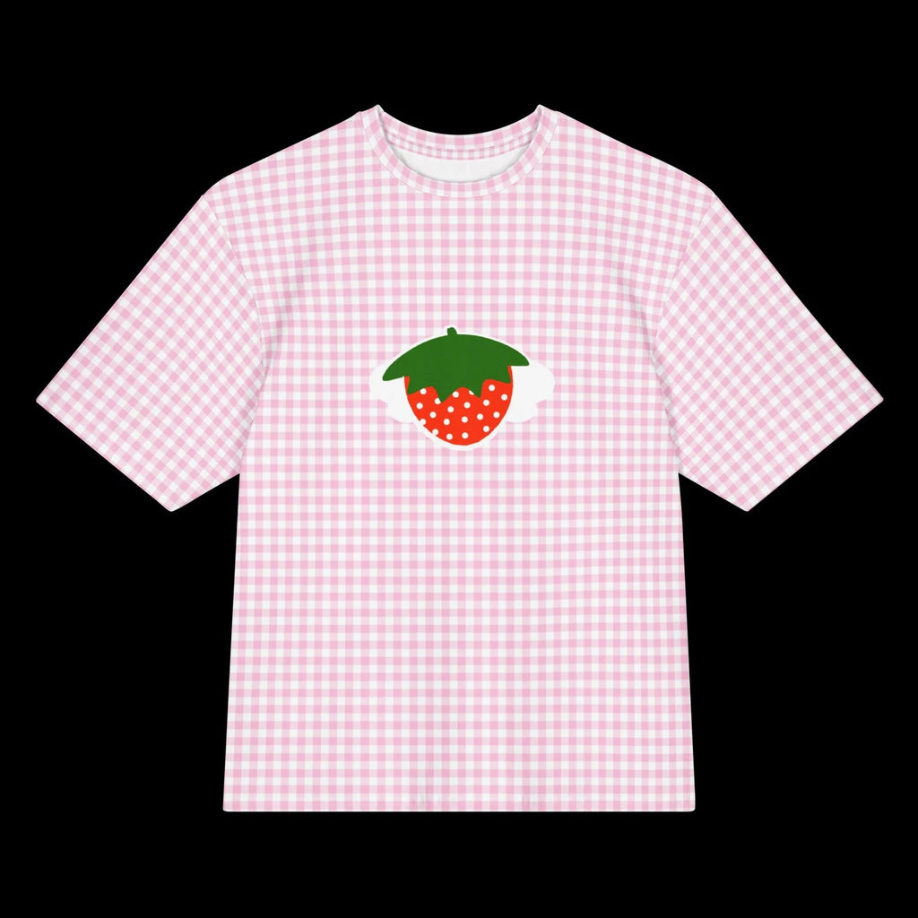 Oversized kawaii strawberry pink gingham cotton t-shirt