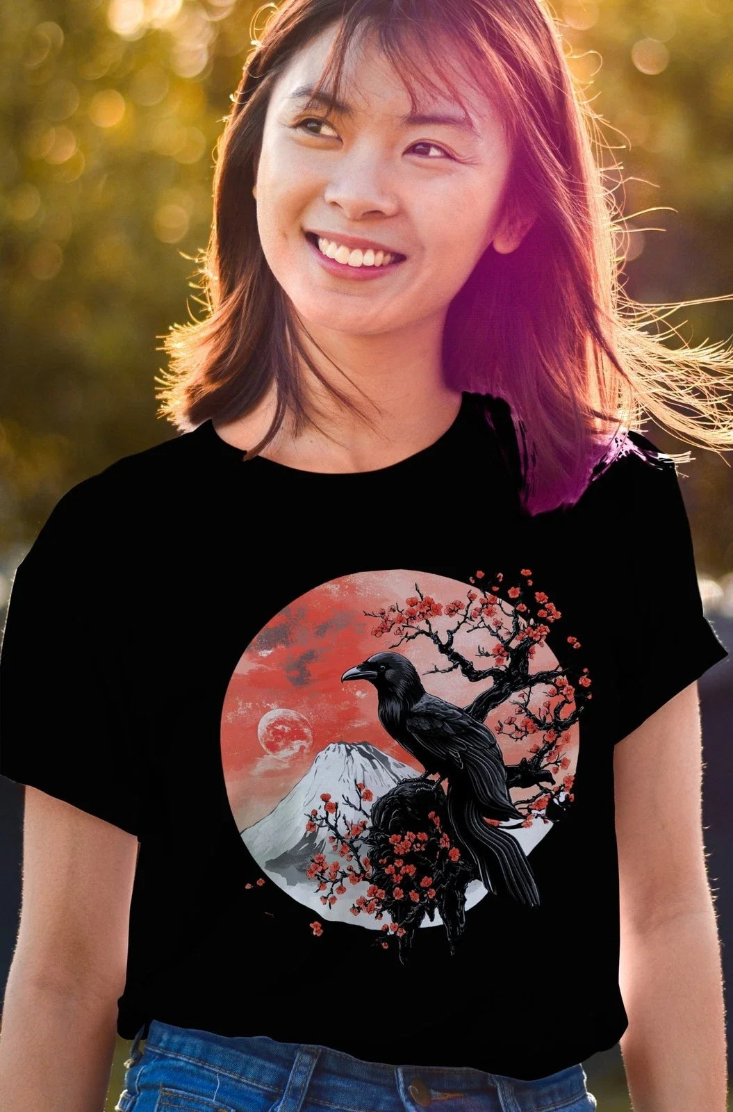 Japanese Cherry Blossom Crow , Raven Aesthetic Graphic Tee, Gothic Japan Unisex , , , Long Sleeve Tee