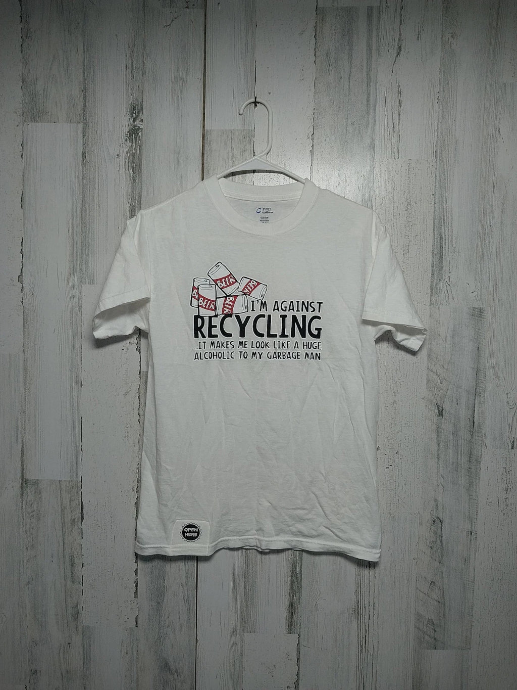 Funny Tee Shirt Beer Recycling Men's Small White Can Opener