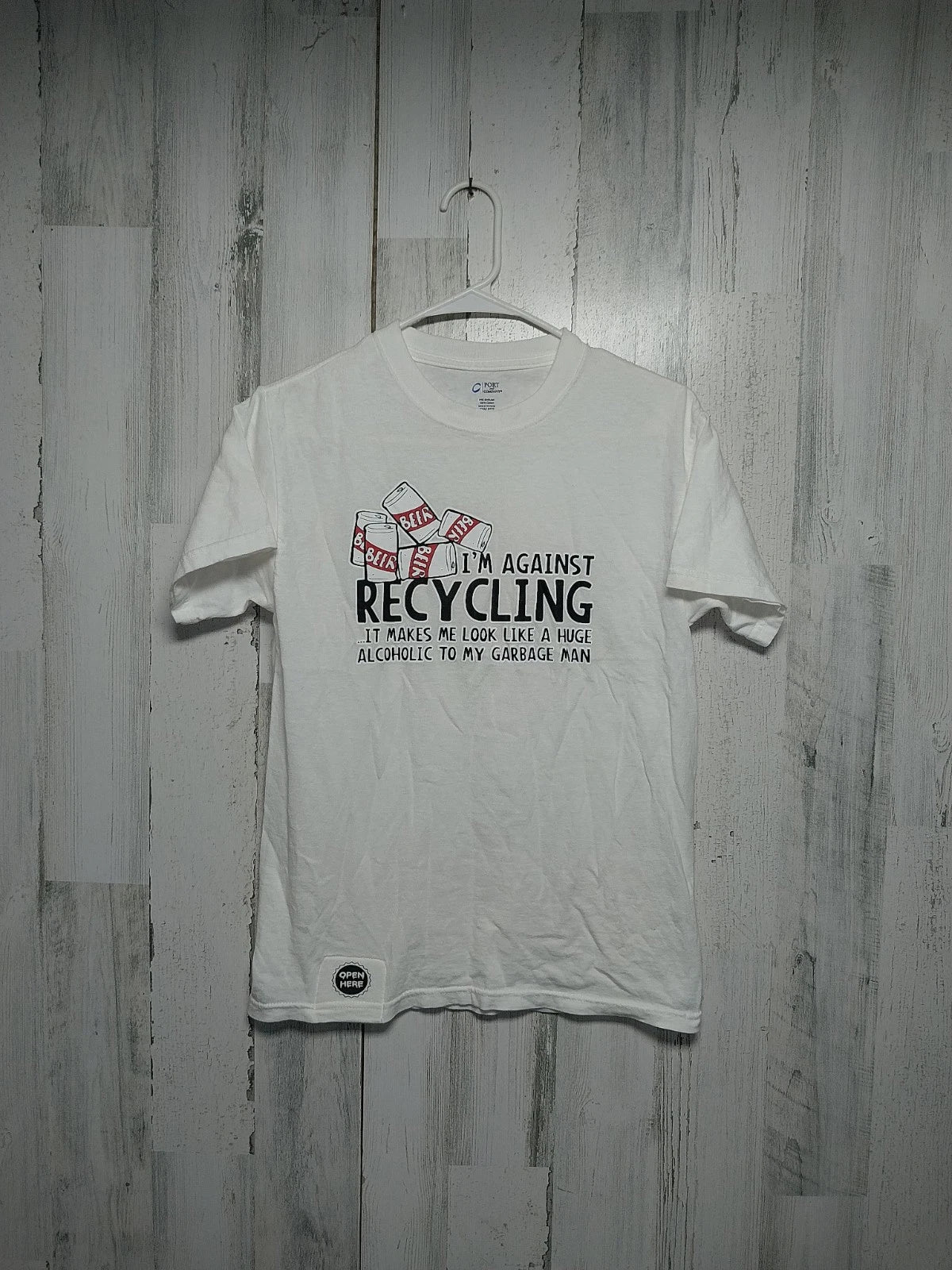 Funny Tee Shirt Beer Recycling Men's Small White Can Opener
