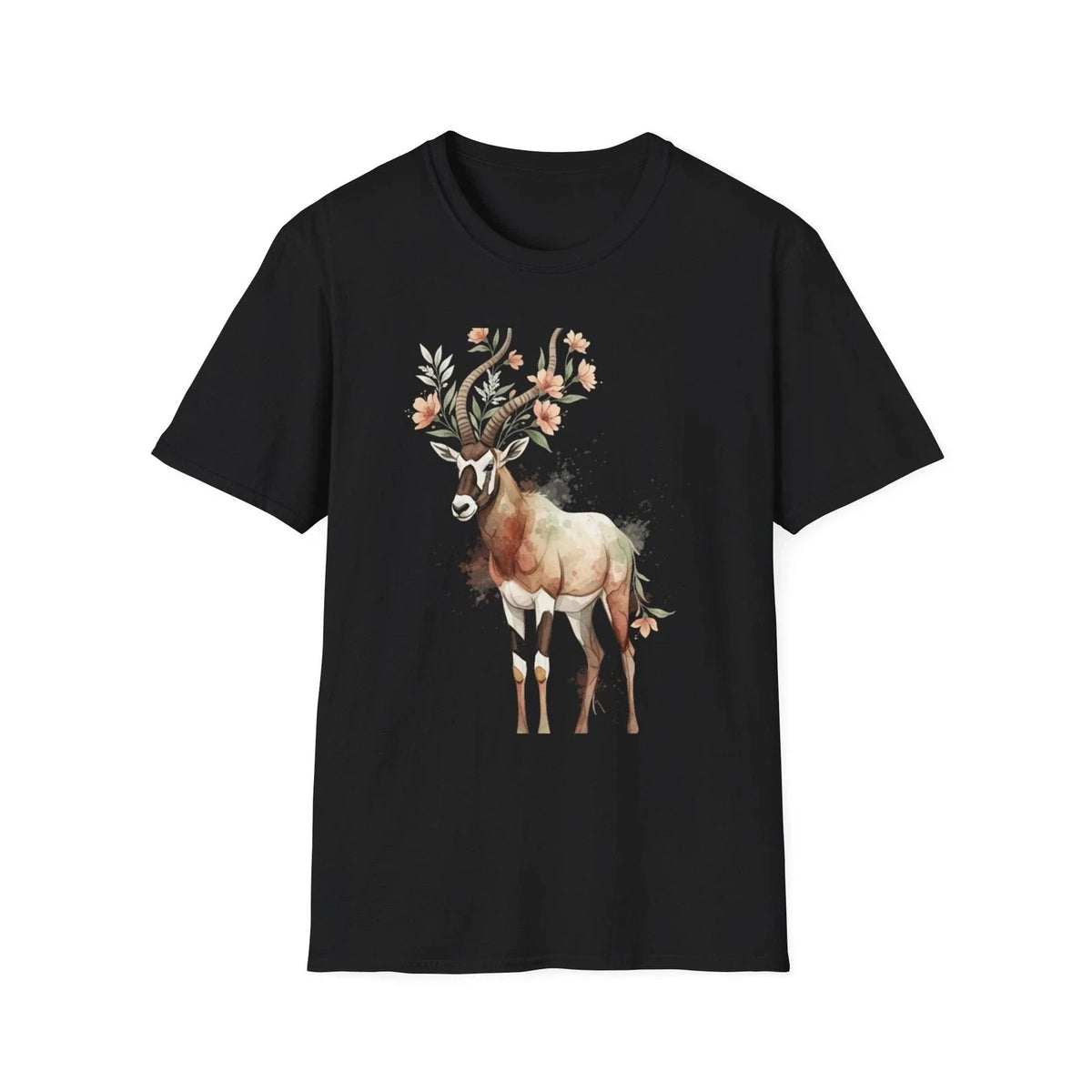 Deer Floral Watercolor Nature Black Tee Boho Aesthetic Graphic Unisex , , , Long Sleeve Tee