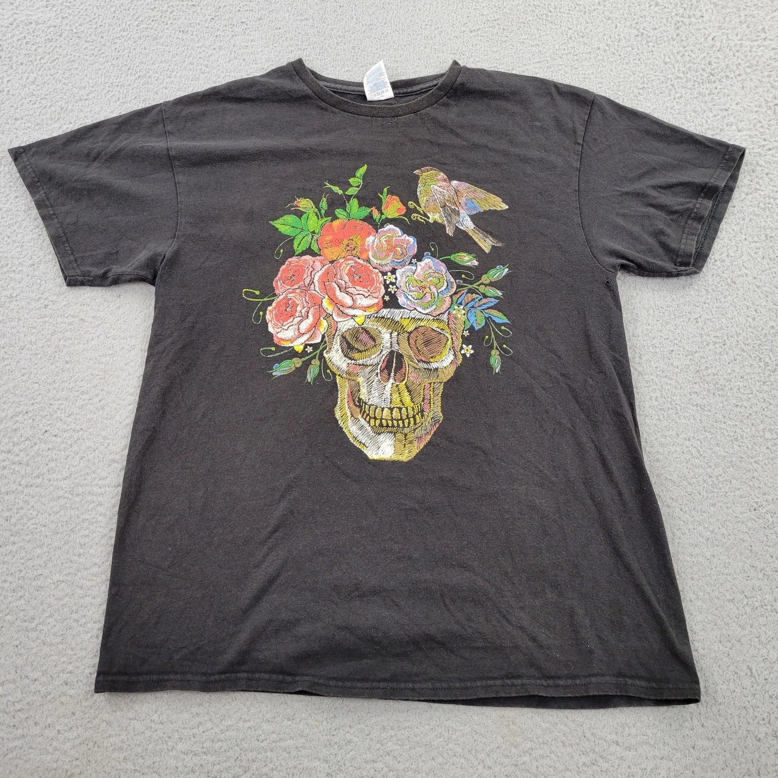 Skull Rose Bird Y2K Shirt Mens Large Black Artsy Poetic Graphic Short Sleeve Unisex , , , Long Sleeve Tee
