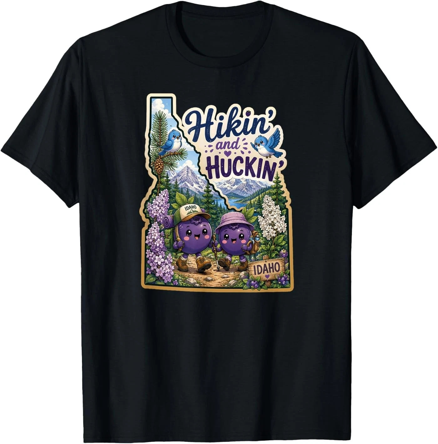 Idaho Hikin' and Huckin' Kawaii Huckleberry Adventure Design T-Shirt