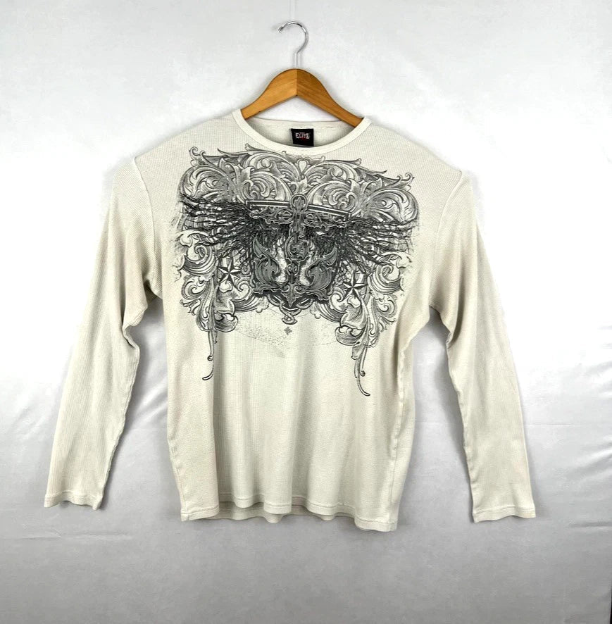MMA Elite Shirt Mens XXL Off White Thermal Vintage Y2K Goth Grunge Cross Wings Unisex , , , Long Sleeve Tee