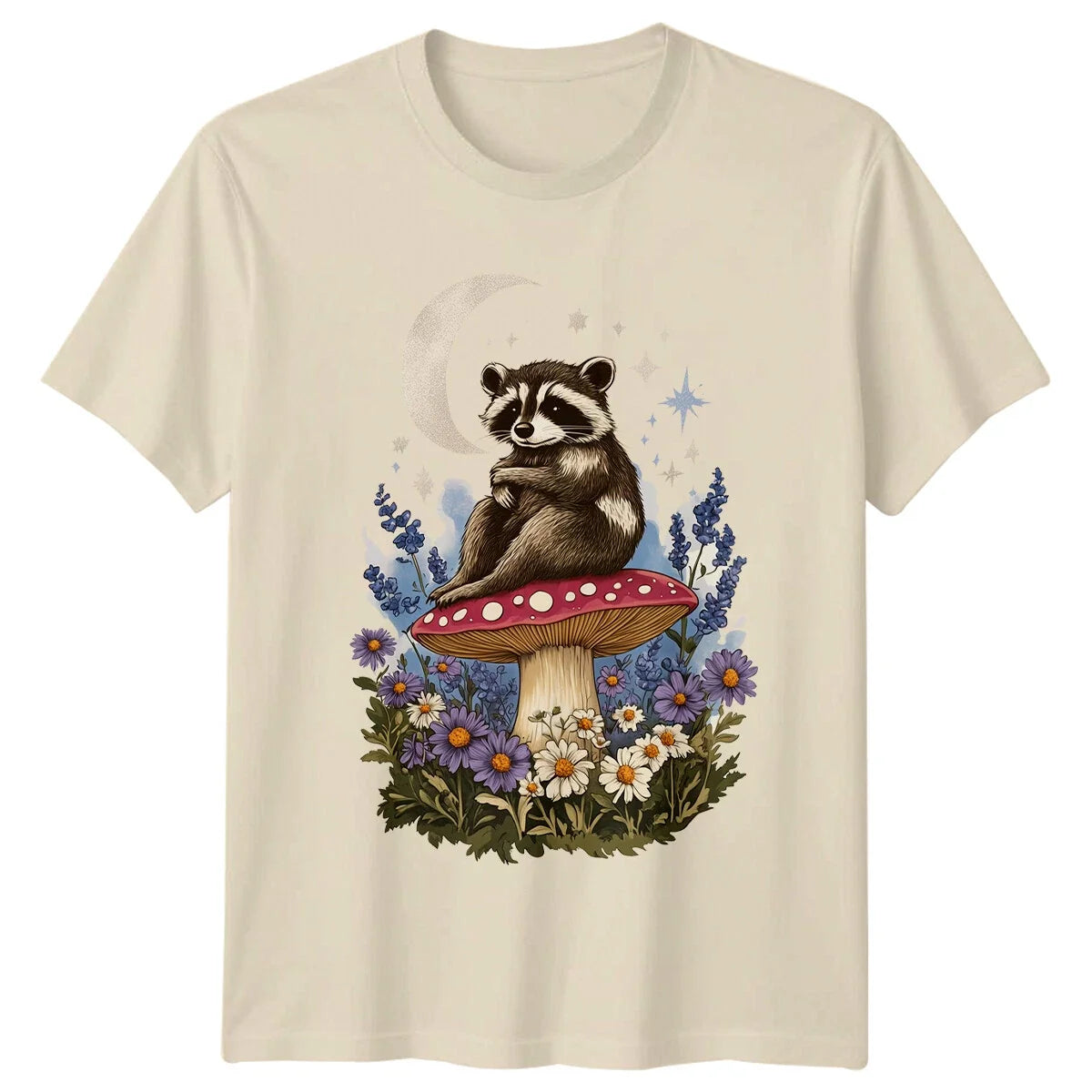 Raccoon Mushroom Moon Stars Floral Naturecore Aesthetic Unisex , , , Long Sleeve Tee