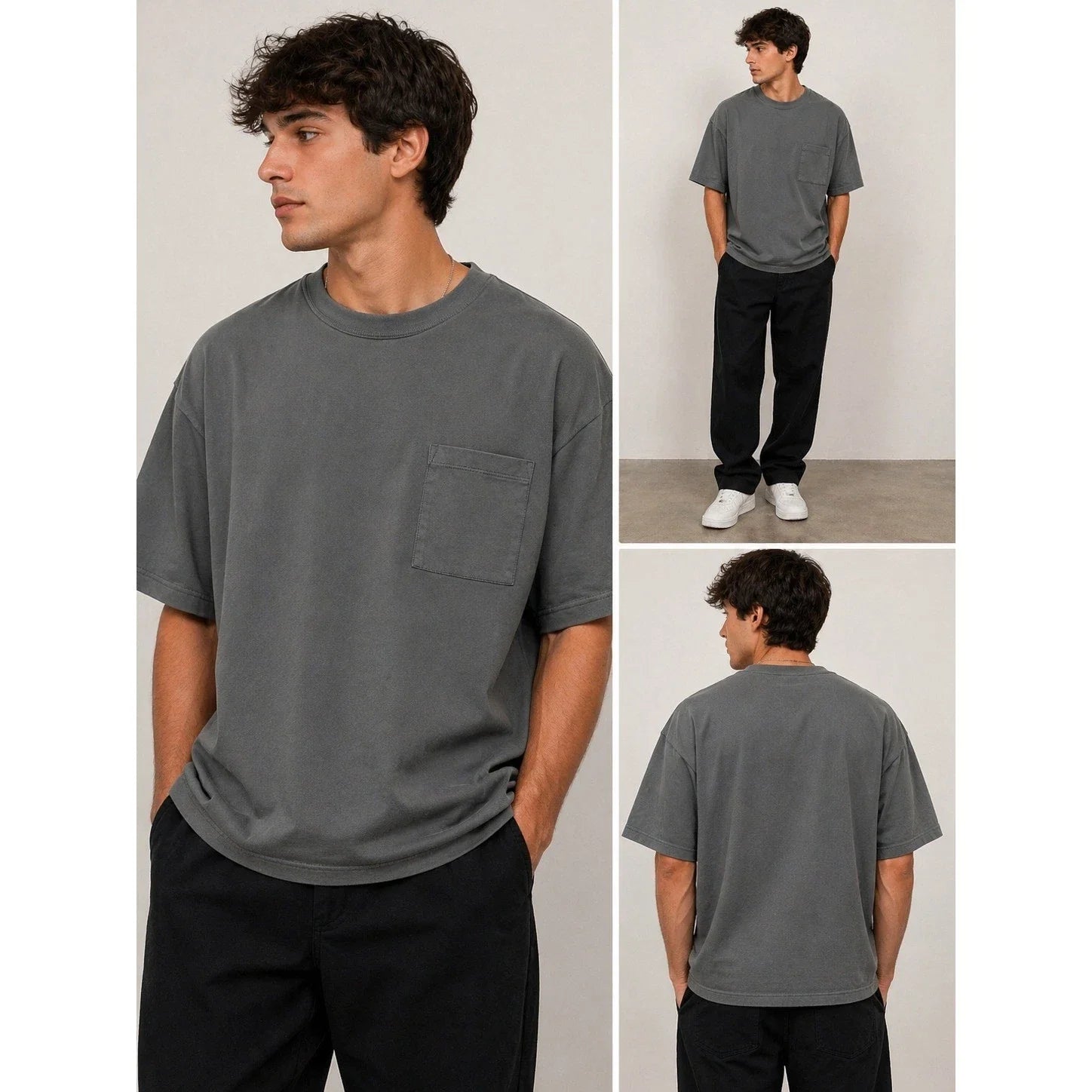 Basic crew Neck Pocket Tee Mens XL Gray Oversized Minimalist Streetwear Shirt Unisex , , , Long Sleeve Tee