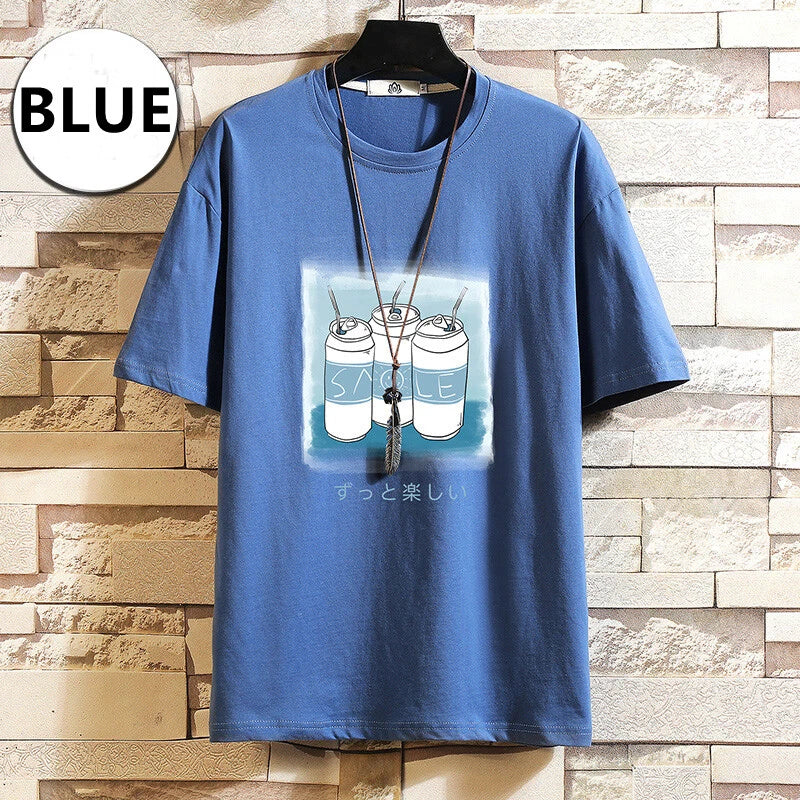 Mens Japanese Cartoon Printed Loose T-Shirt Breathable Oversized Summer
