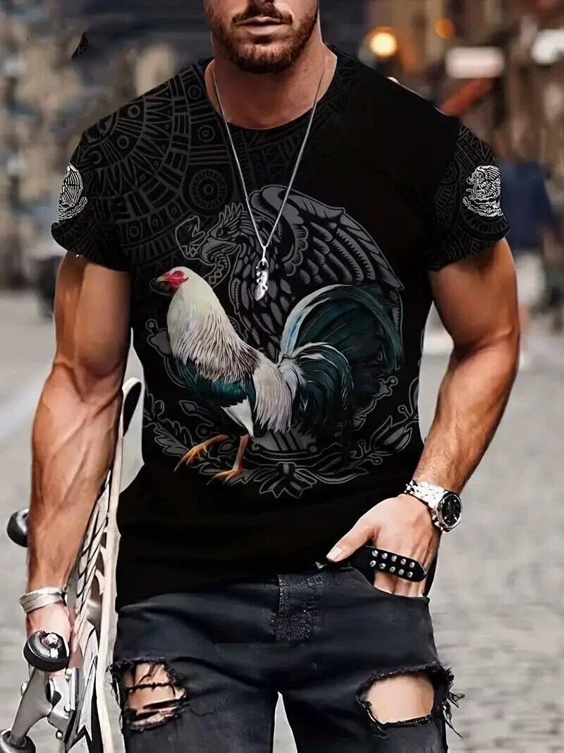 T Shirt Rooster Graphic Chicken Mexican Aztec Black Eagle Men Fashion Streetwear Unisex , , , Long Sleeve Tee