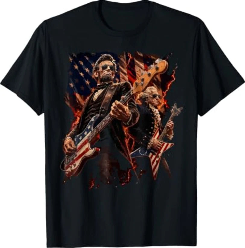 Presidents Abe Lincoln and George Washington Playing Guitar T-Shirt