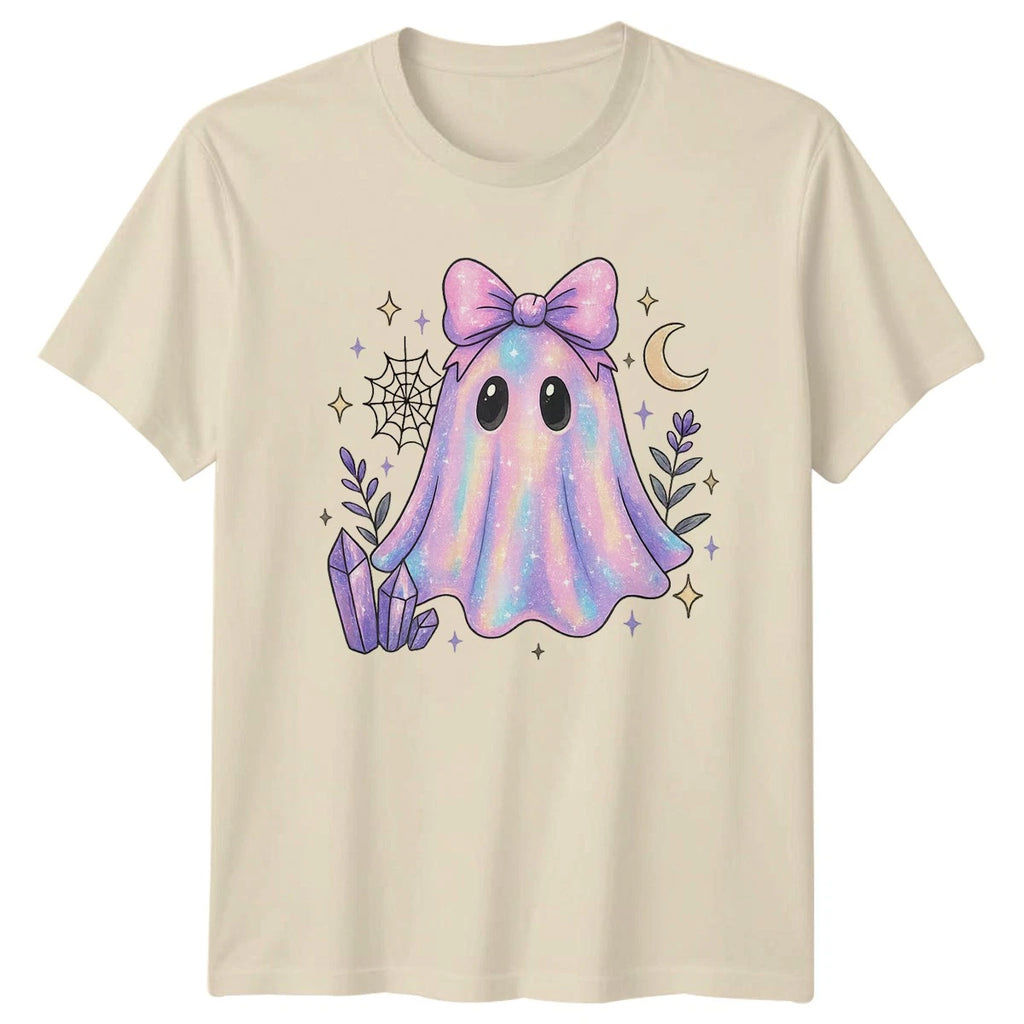 Sparkly Pastel Bow Ghost With Womens T-Shirt Kawaii Halloween Spooky Fantasy