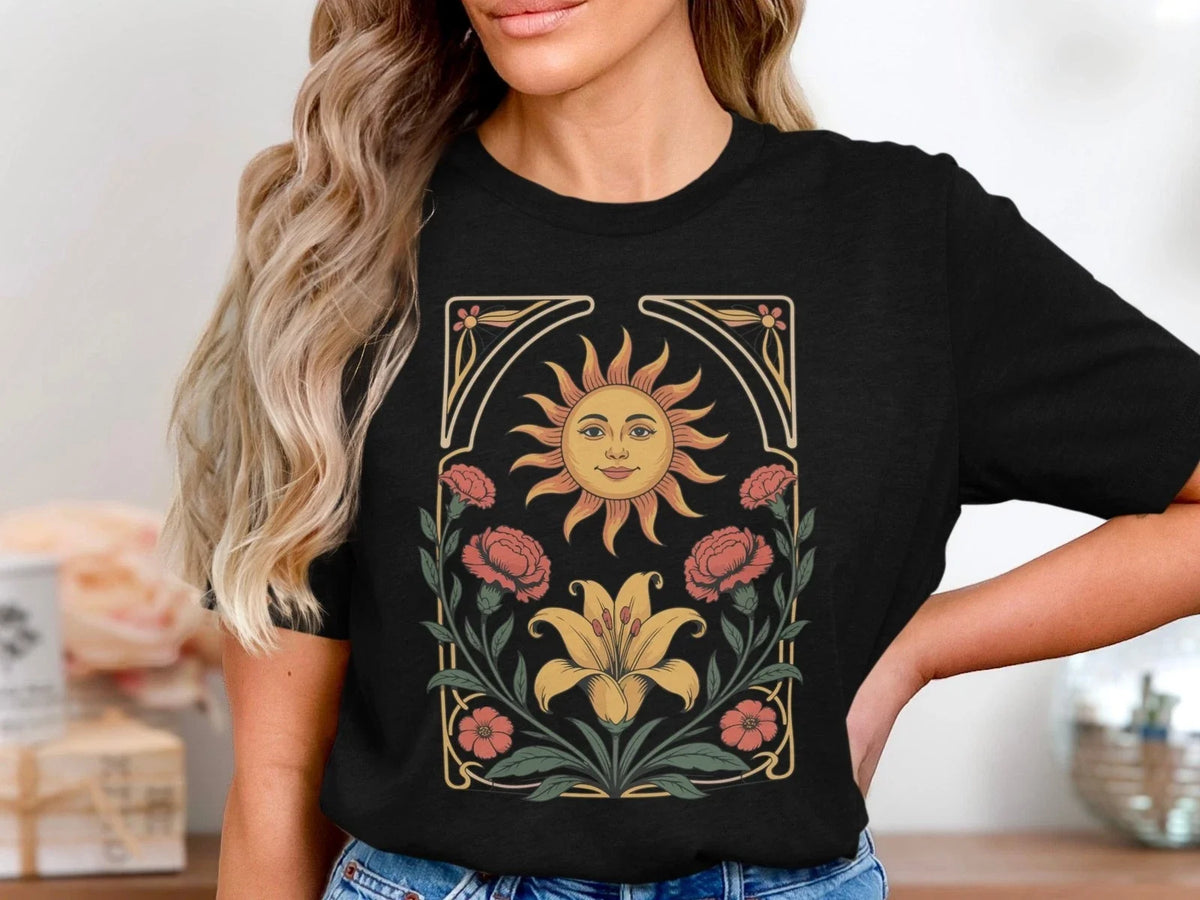 Floral Sun Art Nouveau , Vintage Aesthetic Sun Tee, Boho Retro Style Gift Unisex , , , Long Sleeve Tee