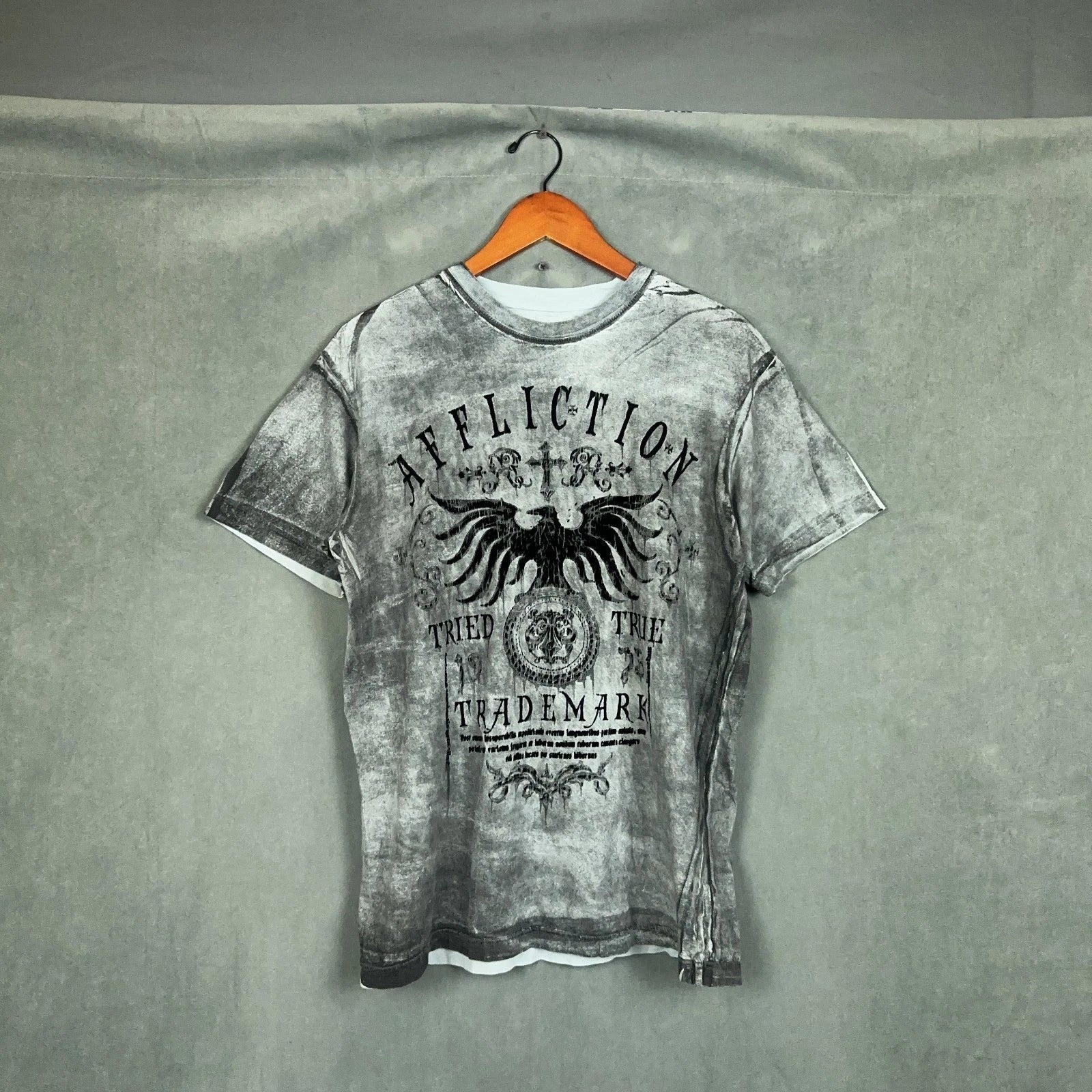 Vintage Y2K Affliction t shirt mens Size Large Faded Grey Eagle Grunge MMA Unisex , , , Long Sleeve Tee
