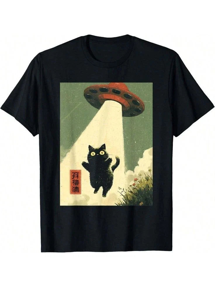 UFO Cat Abduction Funny Alien Aesthetic Graphic T shirt Unisex , , , Long Sleeve Tee