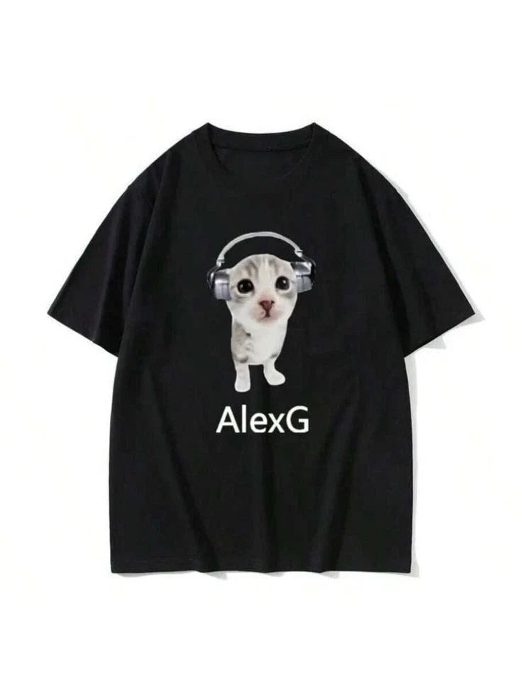 Cat With Headphones AlexG Music Aesthetic Graphic T shirt Unisex , , , Long Sleeve Tee