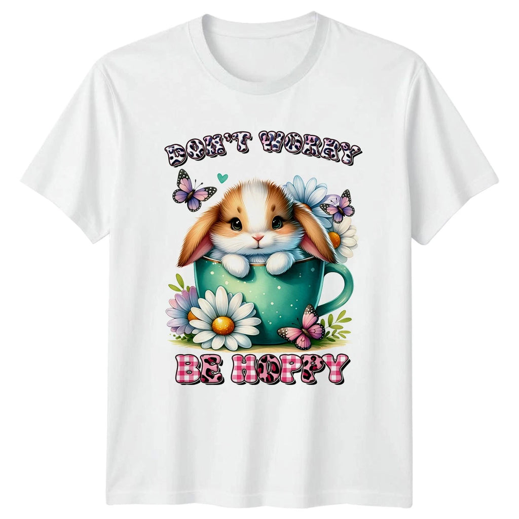 Dont Worry Be Hoppy Womens T-Shirt Bunny Rabbit Kawaii Animal