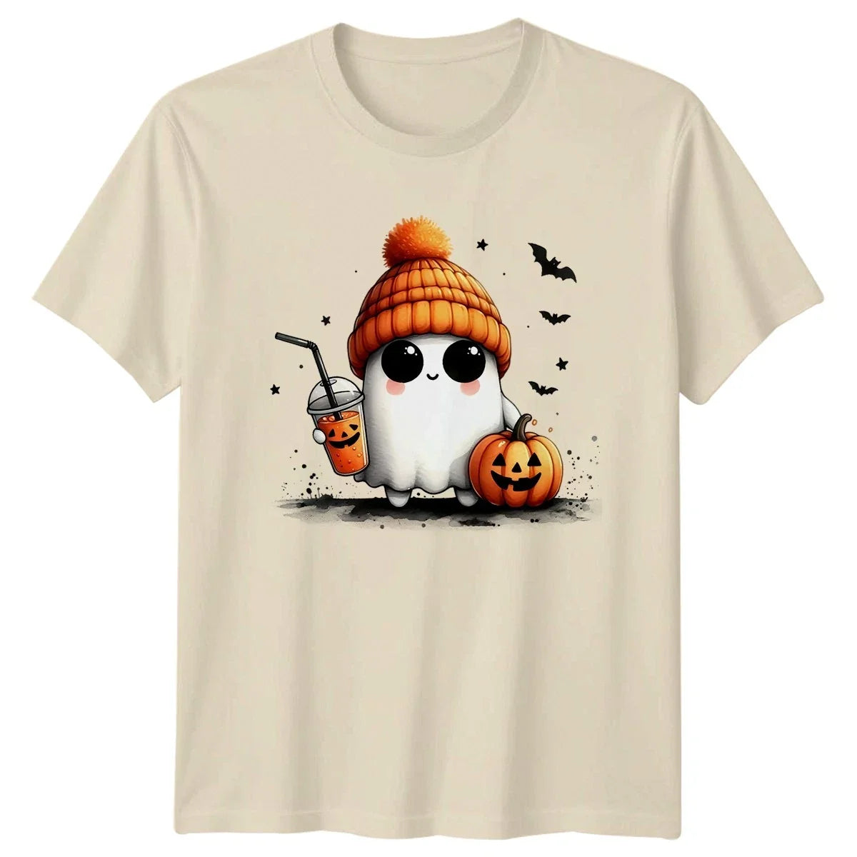 Cute Ghost Halloween Pumpkin Mens Womens Graphic Tee Spooky Unisex Unisex , , , Long Sleeve Tee