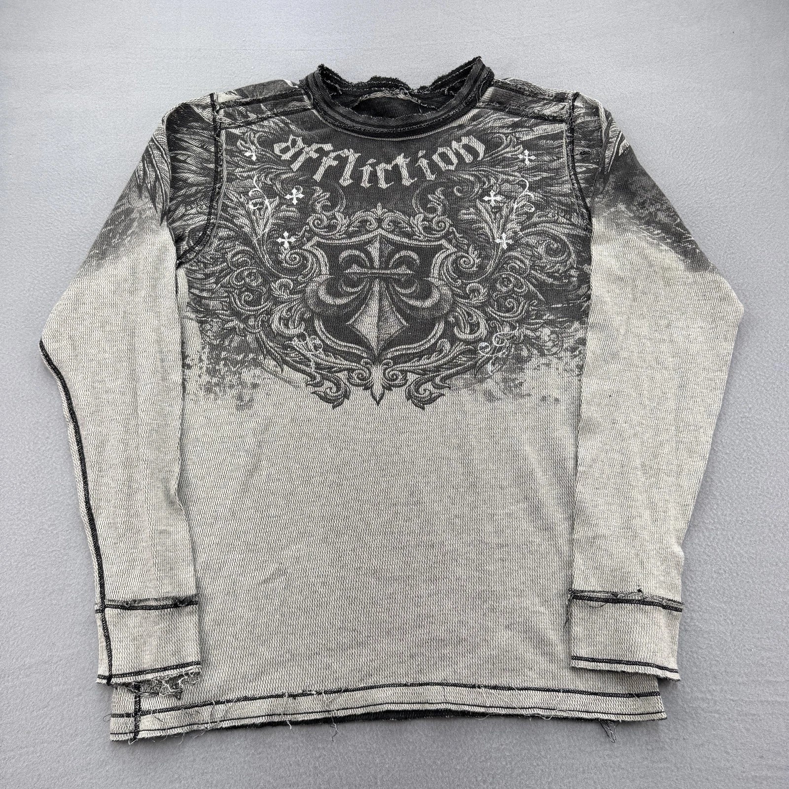 Affliction Shirt Mens Medium Gray Black Long Sleeve Distressed Graphic MMA Style Unisex , , , Long Sleeve Tee