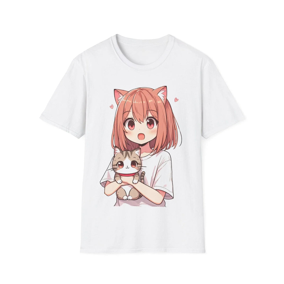Anime Catgirl Holding Kitten Kawaii Cat Ear Girl Cute Graphic Tee Unisex , , , Long Sleeve Tee