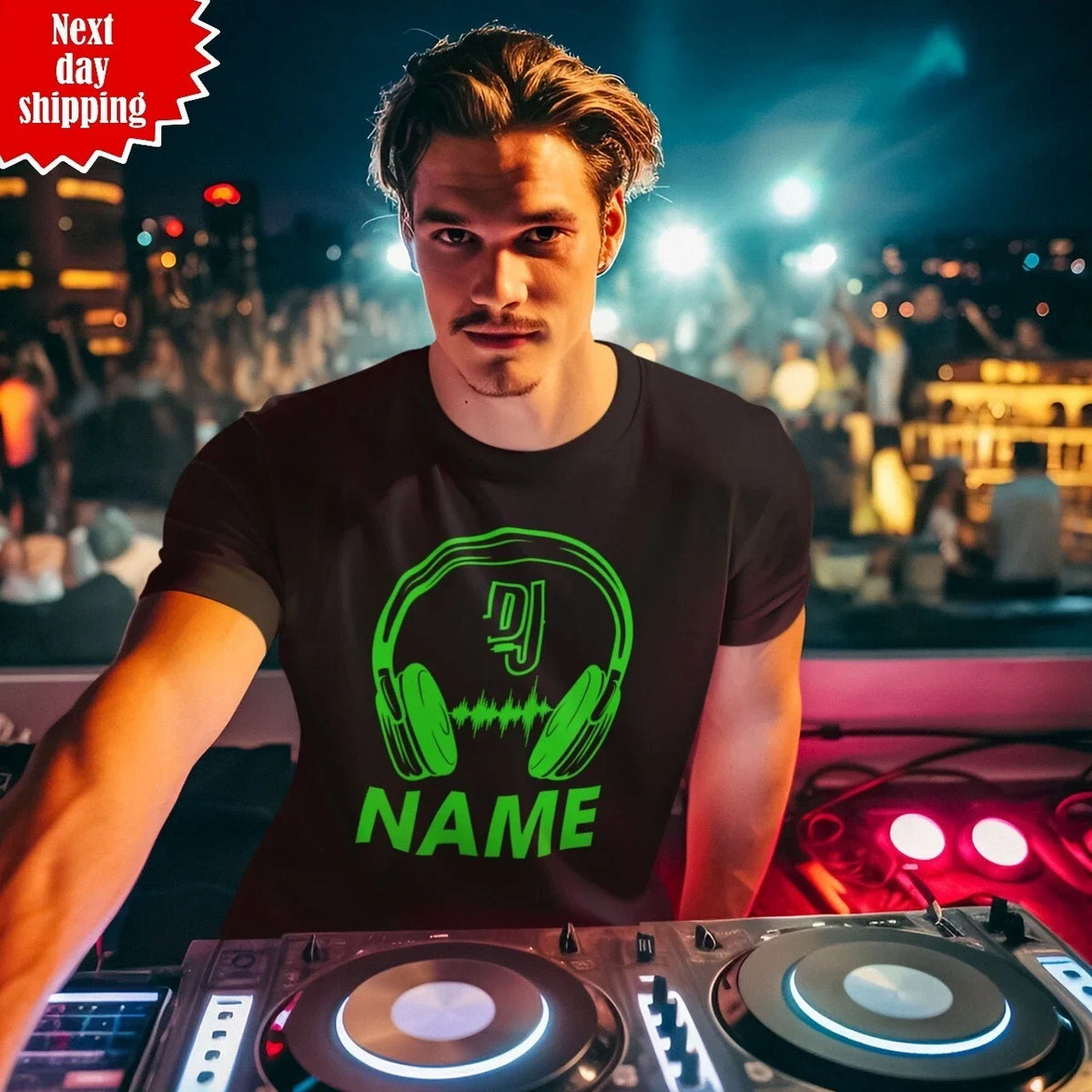 Personalised DJ Name Printed Headphones Music Party Club Unisex Tee Top Unisex , , , Long Sleeve Tee