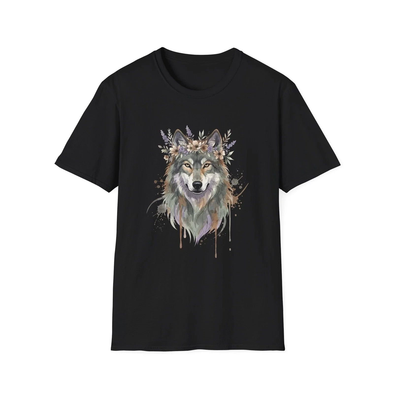 Wolf Floral Crown Watercolor Black Tee Nature Aesthetic Graphic Unisex , , , Long Sleeve Tee