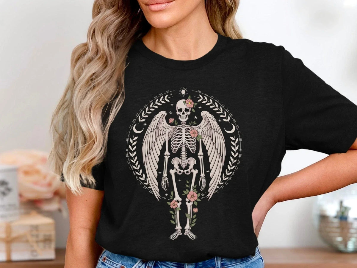 Floral Skeleton Wings , Gothic Floral Skull Tee, Aesthetic Grunge Shirt Unisex , , , Long Sleeve Tee