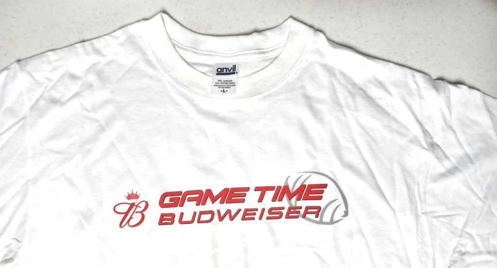 Vtg BUDWEISER Beer "Game Time" FB T-Shirt, Red On White, NOS in Package, SIZE L